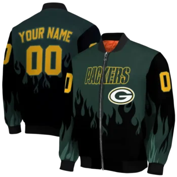 personalized green bay packers flame border green black bomber jacket fashion forward