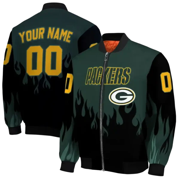 personalized green bay packers flame border green black bomber jacket fashion forward