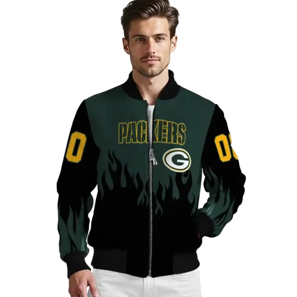 personalized green bay packers flame border green black bomber jacket high quality