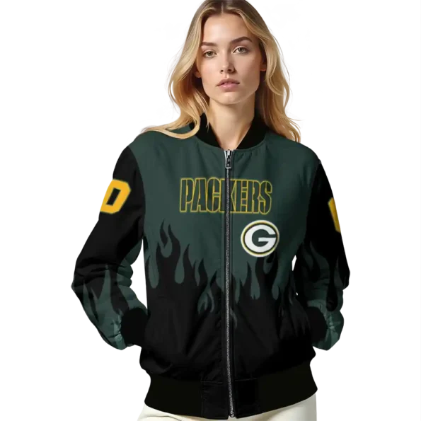 personalized green bay packers flame border green black bomber jacket latest model