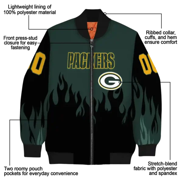 personalized green bay packers flame border green black bomber jacket new arrival
