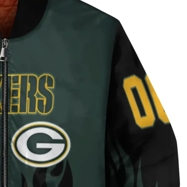 personalized green bay packers flame border green black bomber jacket premium grade