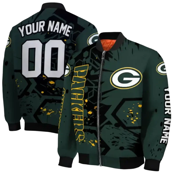 personalized green bay packers hexagon cluster green black bomber jacket fashion forward