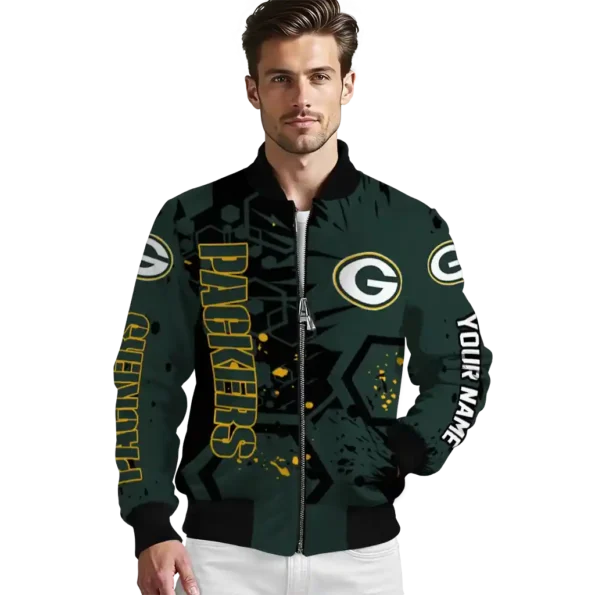 personalized green bay packers hexagon cluster green black bomber jacket high quality