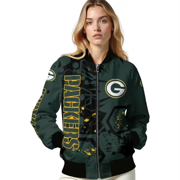 personalized green bay packers hexagon cluster green black bomber jacket latest model