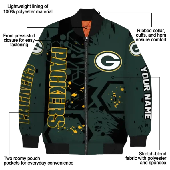 personalized green bay packers hexagon cluster green black bomber jacket new arrival