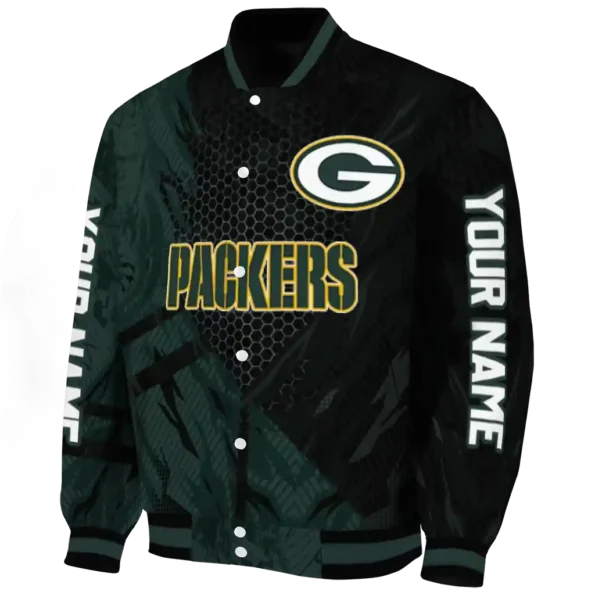 personalized green bay packers hexagon mesh green black varsity jacket best selling.webp