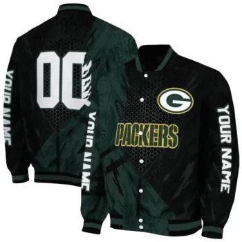 personalized green bay packers hexagon mesh green black varsity jacket fashion forward.webp