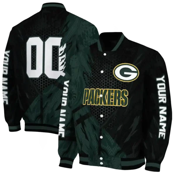 personalized green bay packers hexagon mesh green black varsity jacket fashion forward.webp