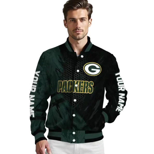personalized green bay packers hexagon mesh green black varsity jacket high quality.webp