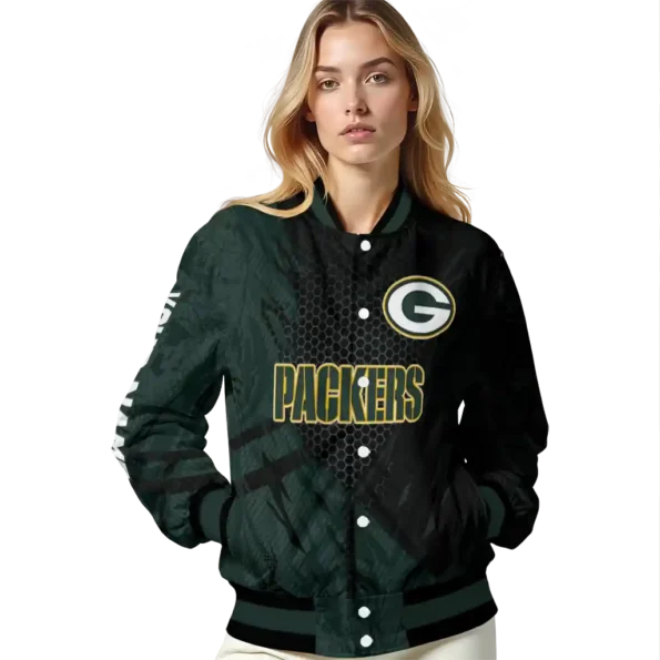 personalized green bay packers hexagon mesh green black varsity jacket latest model.webp