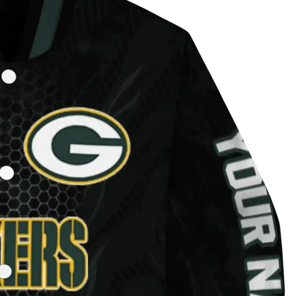 personalized green bay packers hexagon mesh green black varsity jacket premium grade.webp