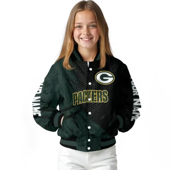 personalized green bay packers hexagon mesh green black varsity jacket top rated.webp