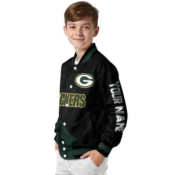 personalized green bay packers hexagon mesh green black varsity jacket trendy.webp