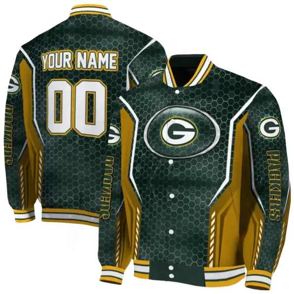 personalized green bay packers power plate green varsity jacket fashion forward.webp