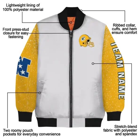 personalized green bay packers speckled arms green gray bomber jacket new arrival