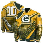 personalized green bay packers star burst green varsity jacket best selling.webp