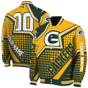 personalized green bay packers star burst green varsity jacket fashion forward.webp