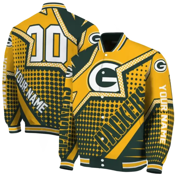 personalized green bay packers star burst green varsity jacket fashion forward.webp