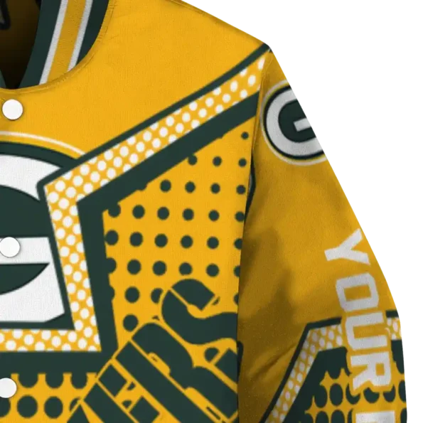 personalized green bay packers star burst green varsity jacket premium grade.webp
