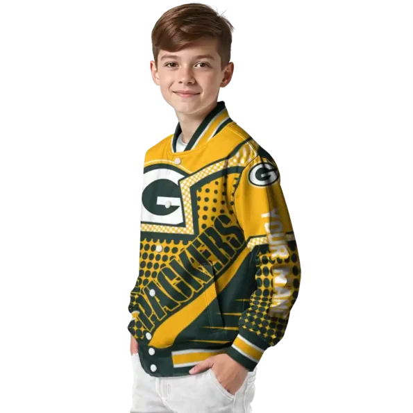 personalized green bay packers star burst green varsity jacket trendy.webp