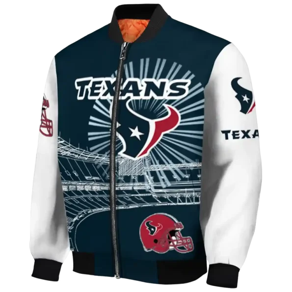personalized houston texans ferris arena blue white bomber jacket best selling