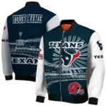 personalized houston texans ferris arena blue white bomber jacket best selling