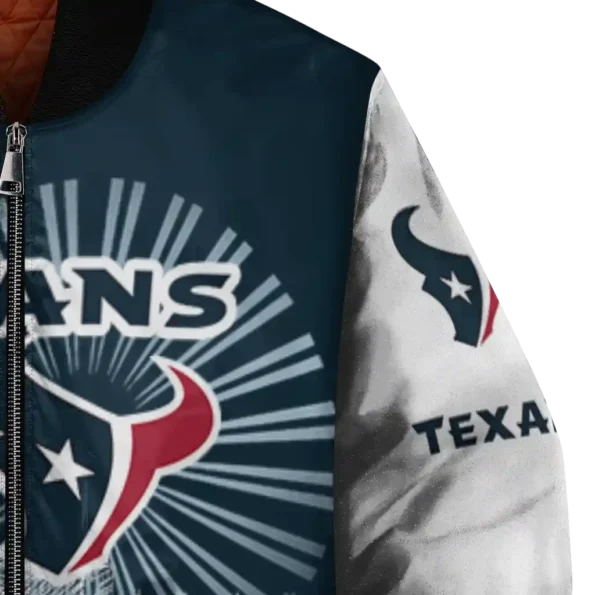 personalized houston texans ferris arena blue white bomber jacket premium grade