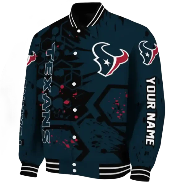 personalized houston texans hexagon cluster blue black varsity jacket best selling.webp