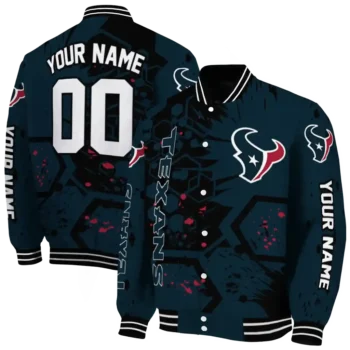 personalized houston texans hexagon cluster blue black varsity jacket fashion forward.webp