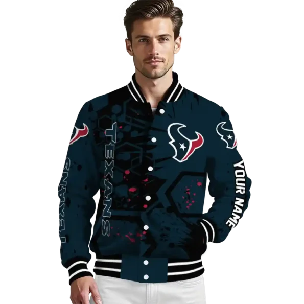 personalized houston texans hexagon cluster blue black varsity jacket high quality.webp