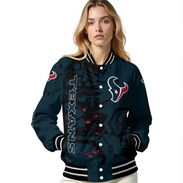 personalized houston texans hexagon cluster blue black varsity jacket latest model.webp