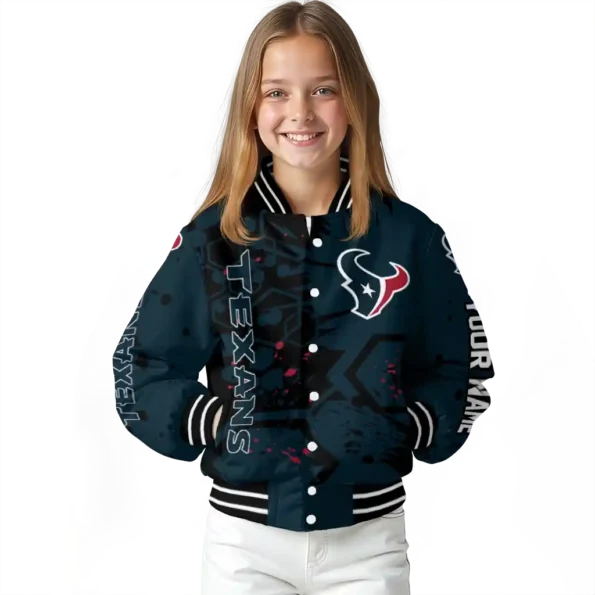 personalized houston texans hexagon cluster blue black varsity jacket top rated.webp
