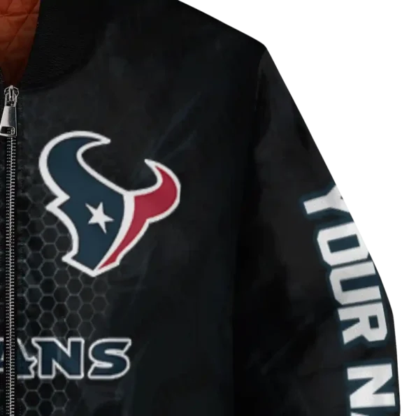 personalized houston texans hexagon mesh blue black bomber jacket premium grade