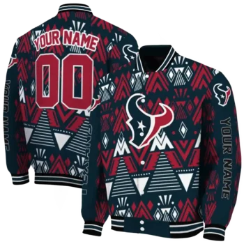 personalized houston texans pyramid shapes blue varsity jacket fashion forward.webp