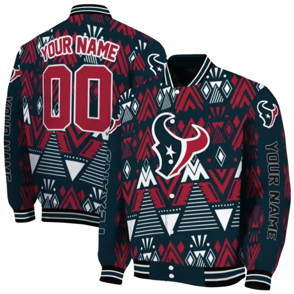 personalized houston texans pyramid shapes blue varsity jacket fashion forward.webp
