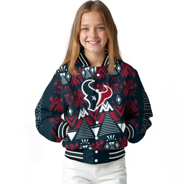 personalized houston texans pyramid shapes blue varsity jacket top rated.webp