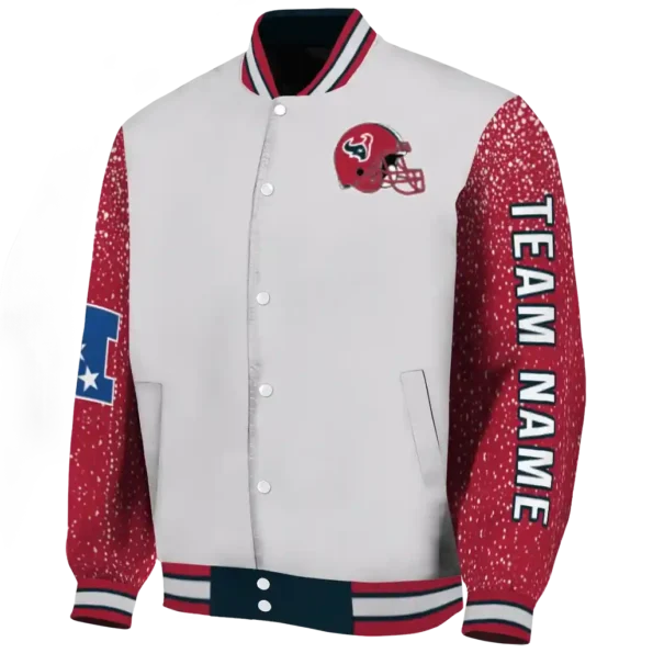 personalized houston texans speckled arms blue gray varsity jacket best selling.webp