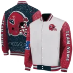 personalized houston texans speckled arms blue gray varsity jacket best selling.webp