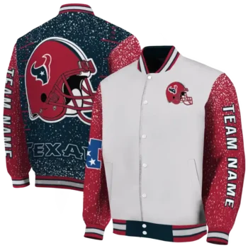 personalized houston texans speckled arms blue gray varsity jacket fashion forward.webp