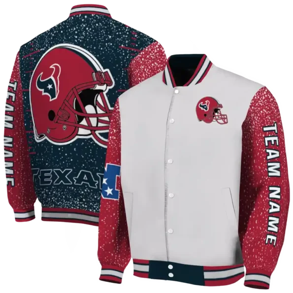 personalized houston texans speckled arms blue gray varsity jacket fashion forward.webp