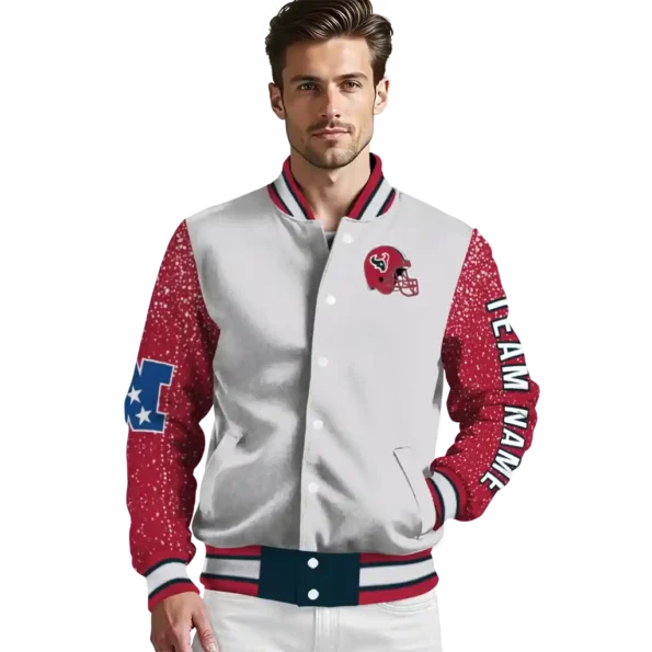 personalized houston texans speckled arms blue gray varsity jacket high quality.webp