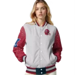 personalized houston texans speckled arms blue gray varsity jacket best selling.webp