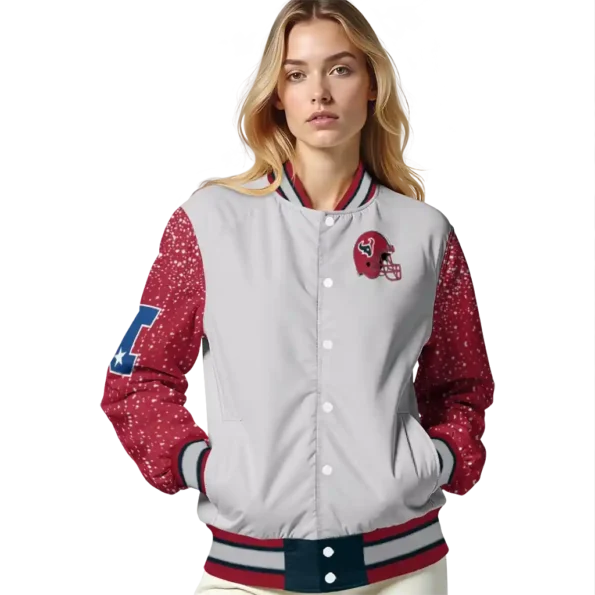 personalized houston texans speckled arms blue gray varsity jacket latest model.webp