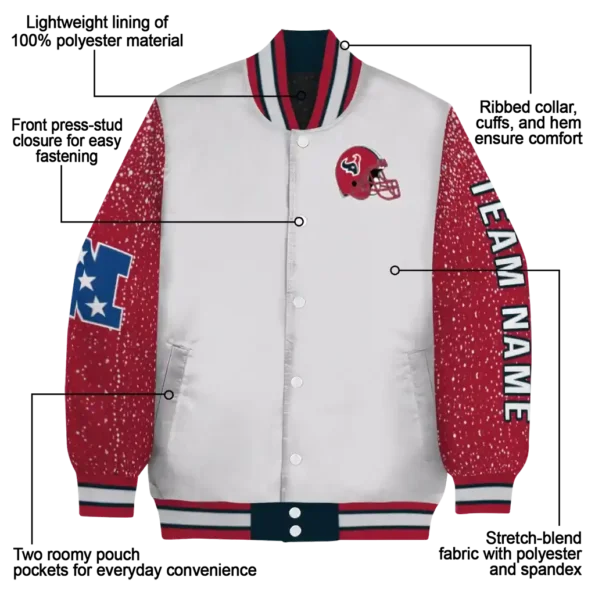 personalized houston texans speckled arms blue gray varsity jacket new arrival.webp