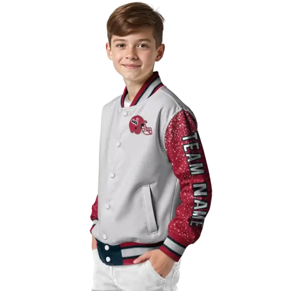 personalized houston texans speckled arms blue gray varsity jacket trendy.webp
