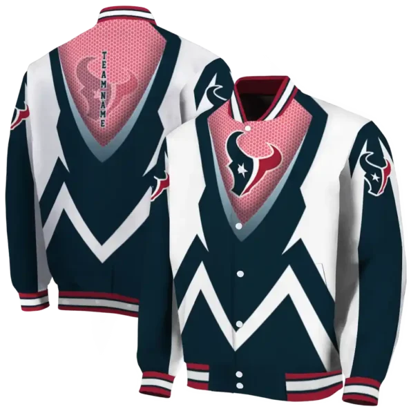 personalized houston texans v stripes blue white varsity jacket fashion forward.webp