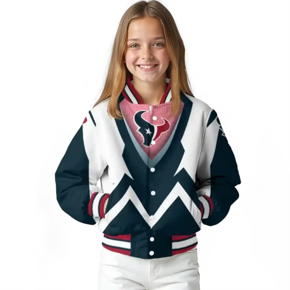 personalized houston texans v stripes blue white varsity jacket top rated.webp