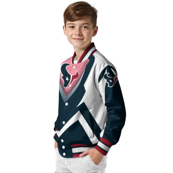 personalized houston texans v stripes blue white varsity jacket trendy.webp