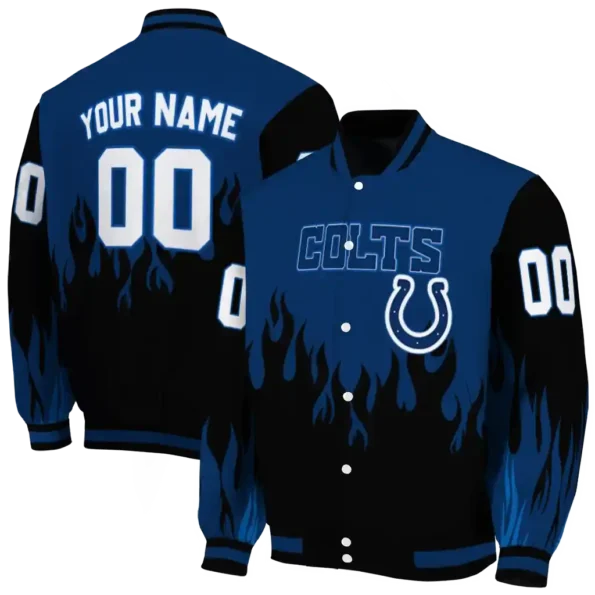 personalized indianapolis colts flame border blue black varsity jacket fashion forward.webp